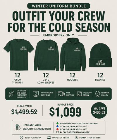 A promotional graphic for a winter uniform bundle offering 12 dark green t-shirts, 12 long-sleeve hoodies, 12 beanies, and custom embroidery services. The items are displayed on a light beige background with dark green text and icons detailing the bundle price of $1,099 and retail value of $1,499.