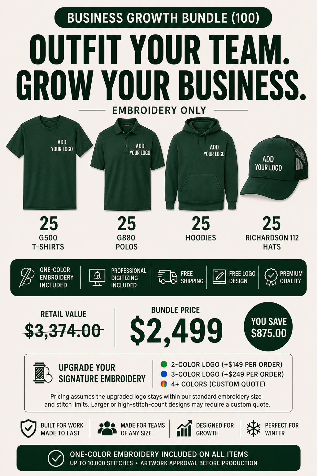 Business Growth Bundle – 100 Piece One-Color Embroidery Package