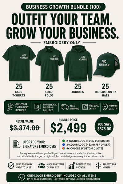 Business Growth Bundle – 100 Piece One-Color Embroidery Package