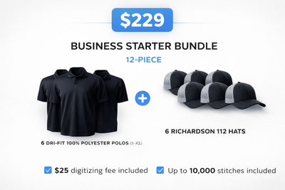 12-Piece Embroidered Business Starter Bundle – 6 Dri-Fit Polos + 6 Richardson 112 Hats