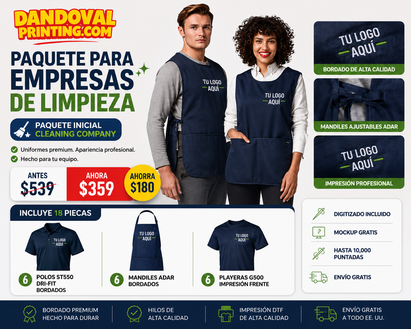 🧹 Cleaning Company Starter Bundle | 18-Piece Uniform Package | Embroidery + Custom Printing