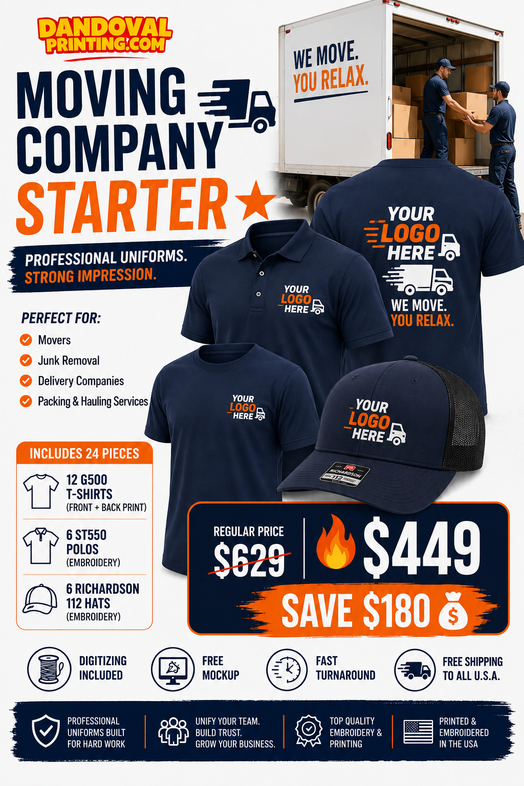 Moving Company Starter Package | 24 Custom Uniforms + Richardson Hats