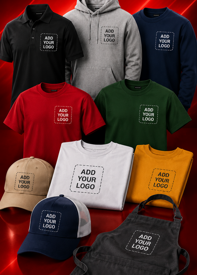 A collection of customizable apparel mockups on a red graphic background, including a polo shirt, hoodie, t-shirts, baseball caps, and an apron, each with a placeholder logo box reading 'ADD YOUR LOGO'.