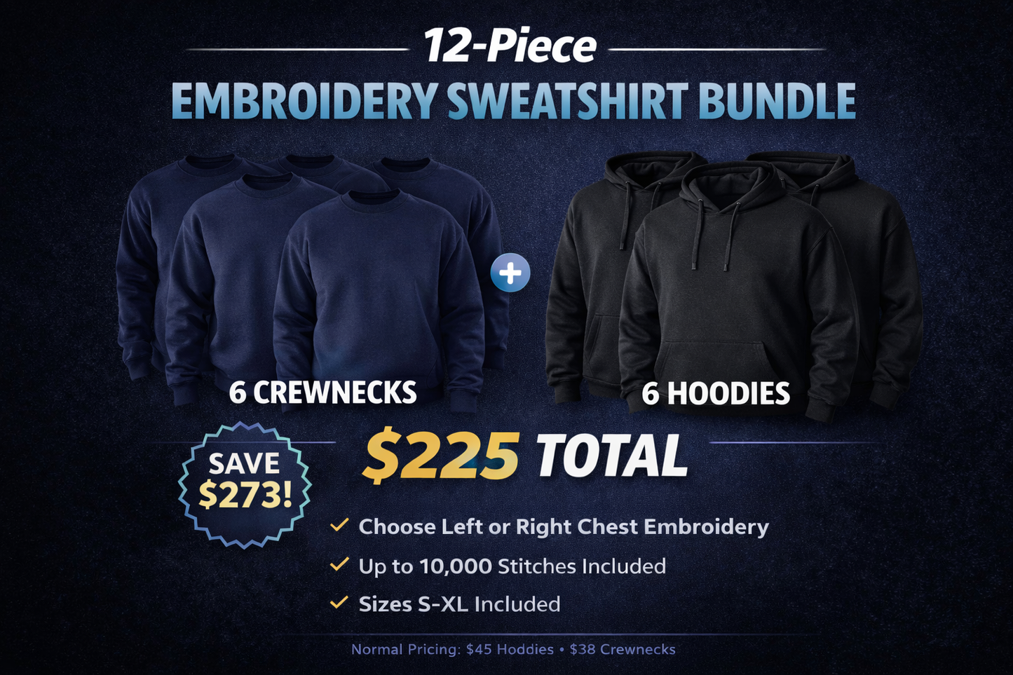 12-Piece Embroidery Sweatshirt Bundle (6 Crewnecks + 6 Hoodies) – Left/Right Chest