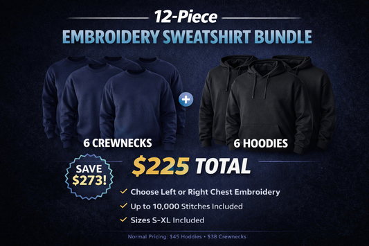12-Piece Embroidery Sweatshirt Bundle (6 Crewnecks + 6 Hoodies) – Left/Right Chest
