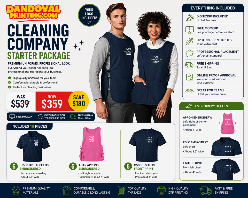 🧹 Cleaning Company Starter Bundle | 18-Piece Uniform Package | Embroidery + Custom Printing