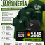Promotional flyer for a gardening business package with shirts, hats, and caps on a grassy background.