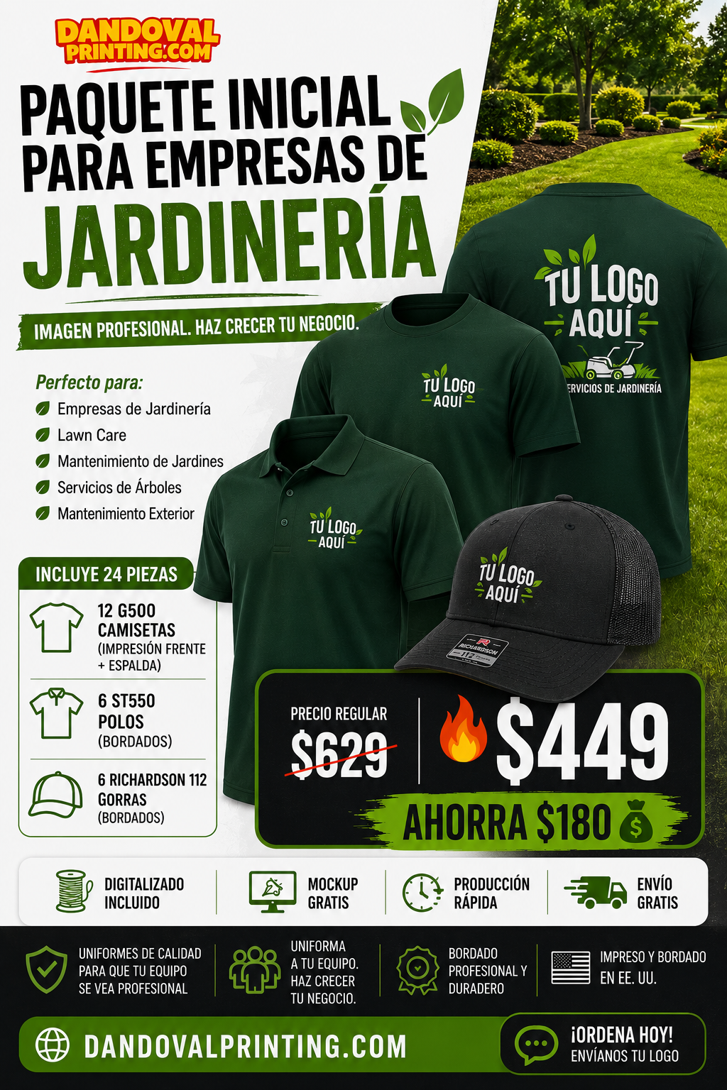 Promotional flyer for a gardening business package with shirts, hats, and caps on a grassy background.