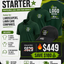 Promotional graphic for landscaping starter package with shirts, polos, and hats featuring customizable branding options.