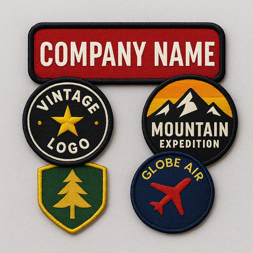 Set of embroidered patches with various designs and text on a light gray background