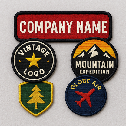 Set of embroidered patches with various designs and text on a light gray background