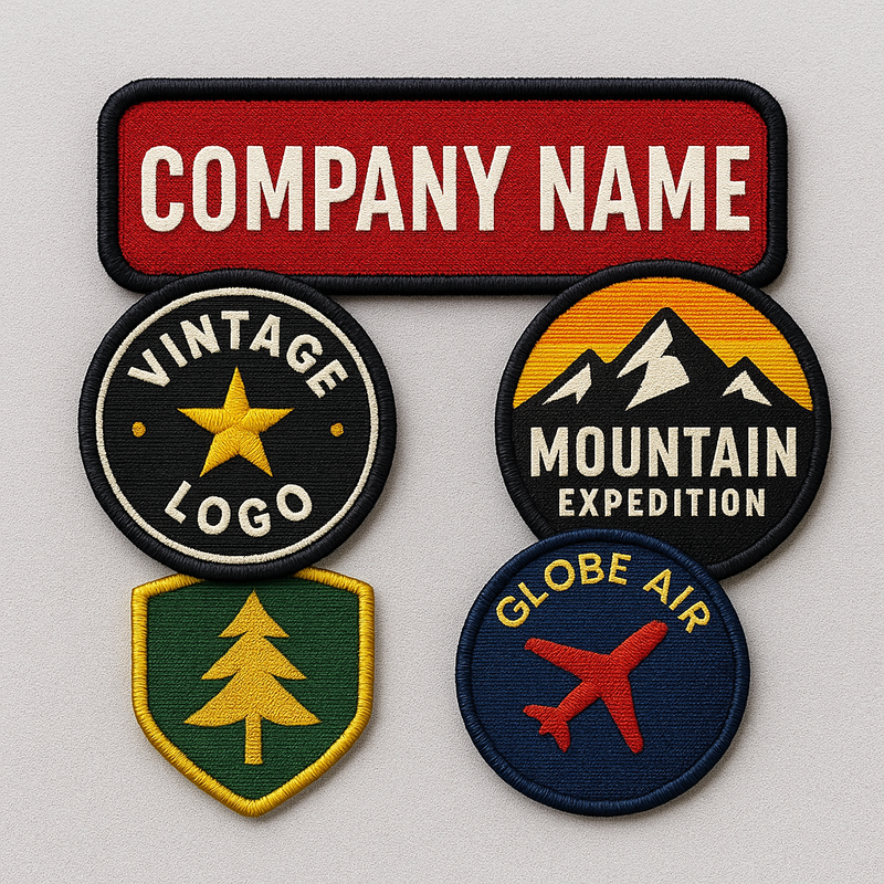 Set of embroidered patches with various designs and text on a light gray background