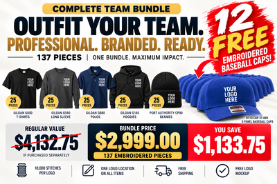 Complete Team Bundle – 125 Embroidered Pieces + 12 FREE Baseball Caps