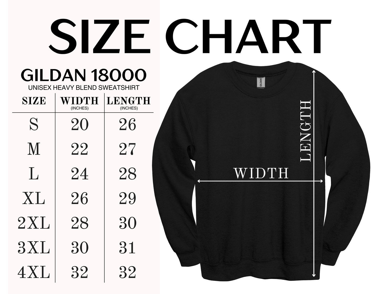 Gildan 18000 sweatshirt size chart with measurements on a white background