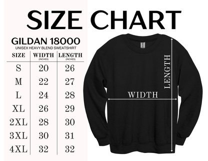 Gildan 18000 sweatshirt size chart with measurements on a white background