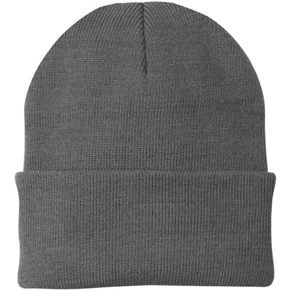 Gray knit beanie on a white background