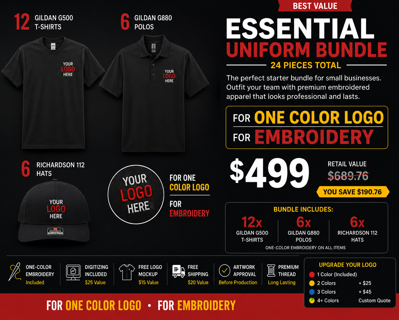 Essential Uniform Bundle – 24 Piece One-Color Embroidery Package