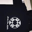 Black hoodie with white logo and text on a plain background