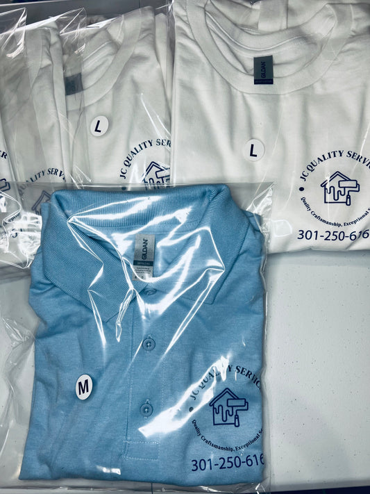 White and blue polo shirts with a logo and contact information on packaging