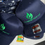 Navy blue caps with green logo and text on a gray surface