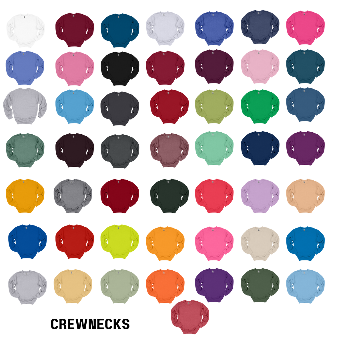 A grid of many flat color swatches labeled CREWNECKS, showing the product color options for crewneck sweatshirts. The swatches include white, red, blue, pink, black, gray, green, yellow, orange, purple, and beige tones on a white background.