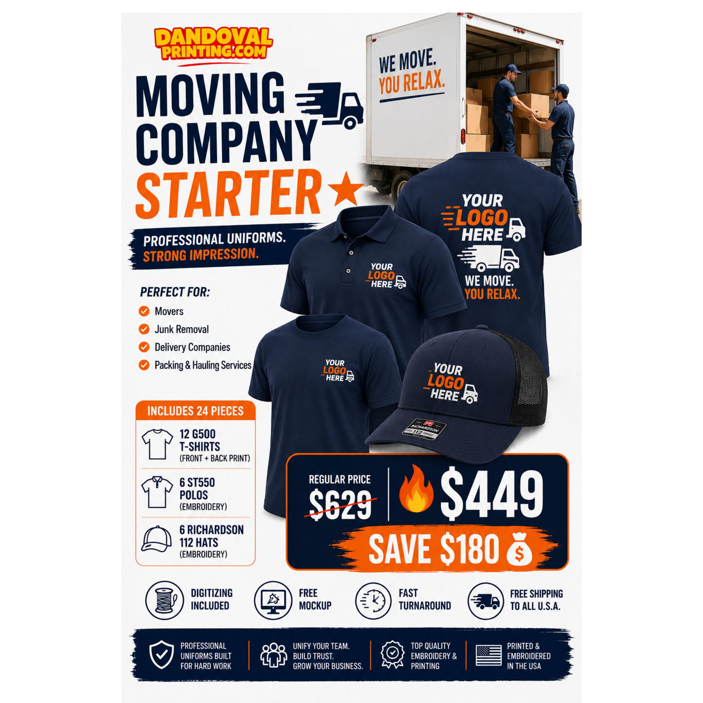 Moving Company Starter Package | 24 Custom Uniforms + Richardson Hats