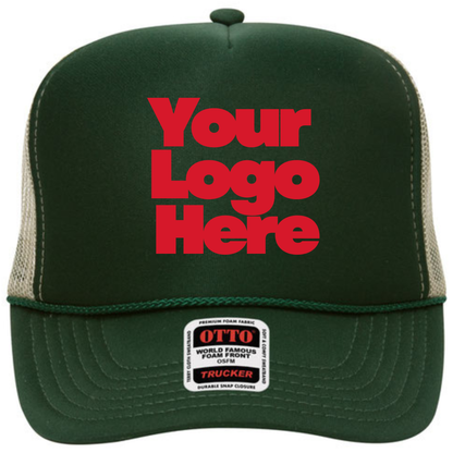 Green trucker hat with red text 'Your Logo Here' on a white background