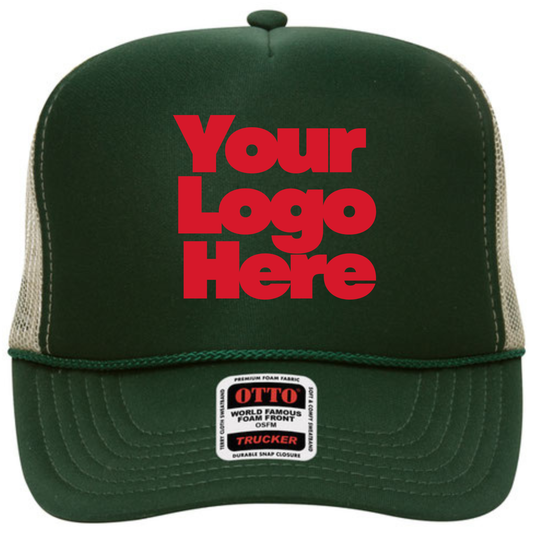 Green trucker hat with red text 'Your Logo Here' on a white background