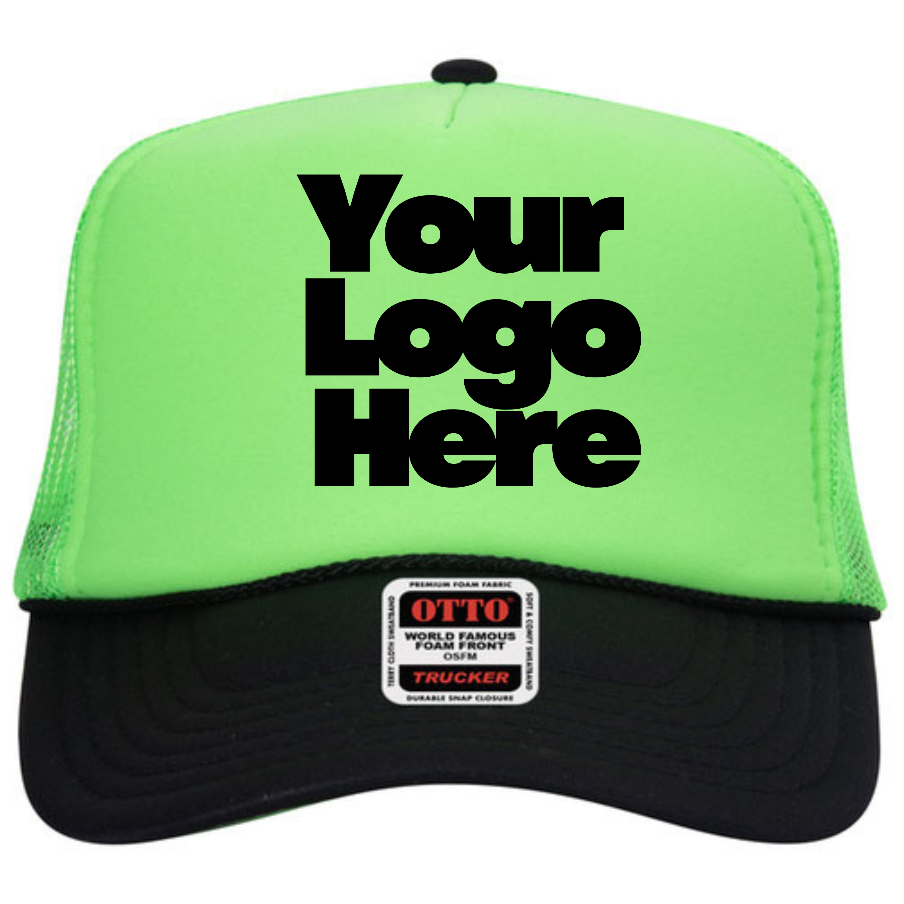 Green and black trucker hat with 'Your Logo Here' text on a white background