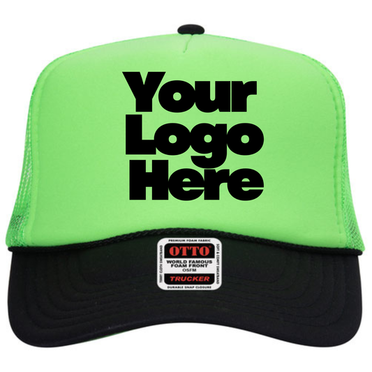 Green and black trucker hat with 'Your Logo Here' text on a white background