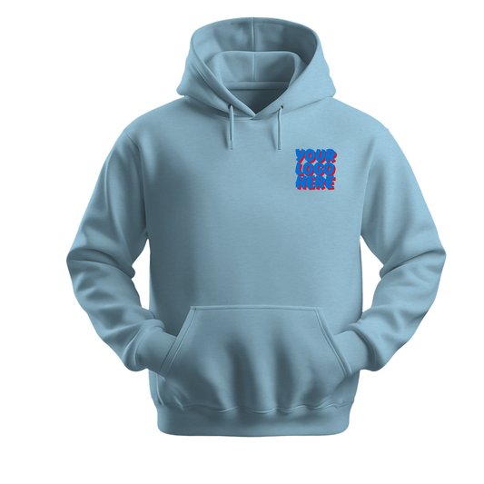 Light blue hoodie with 'Your Logo Here' text on a white background