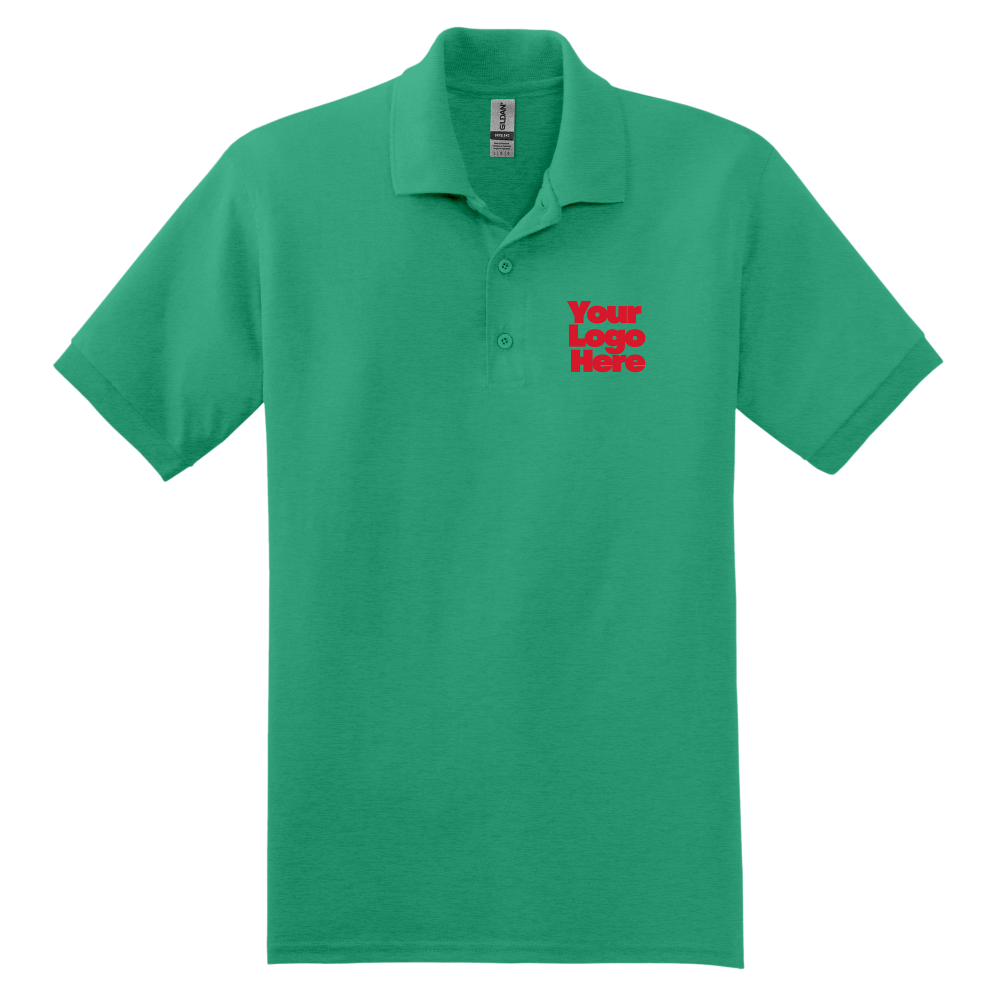 Green polo shirt with 'Your Logo Here' text on a white background