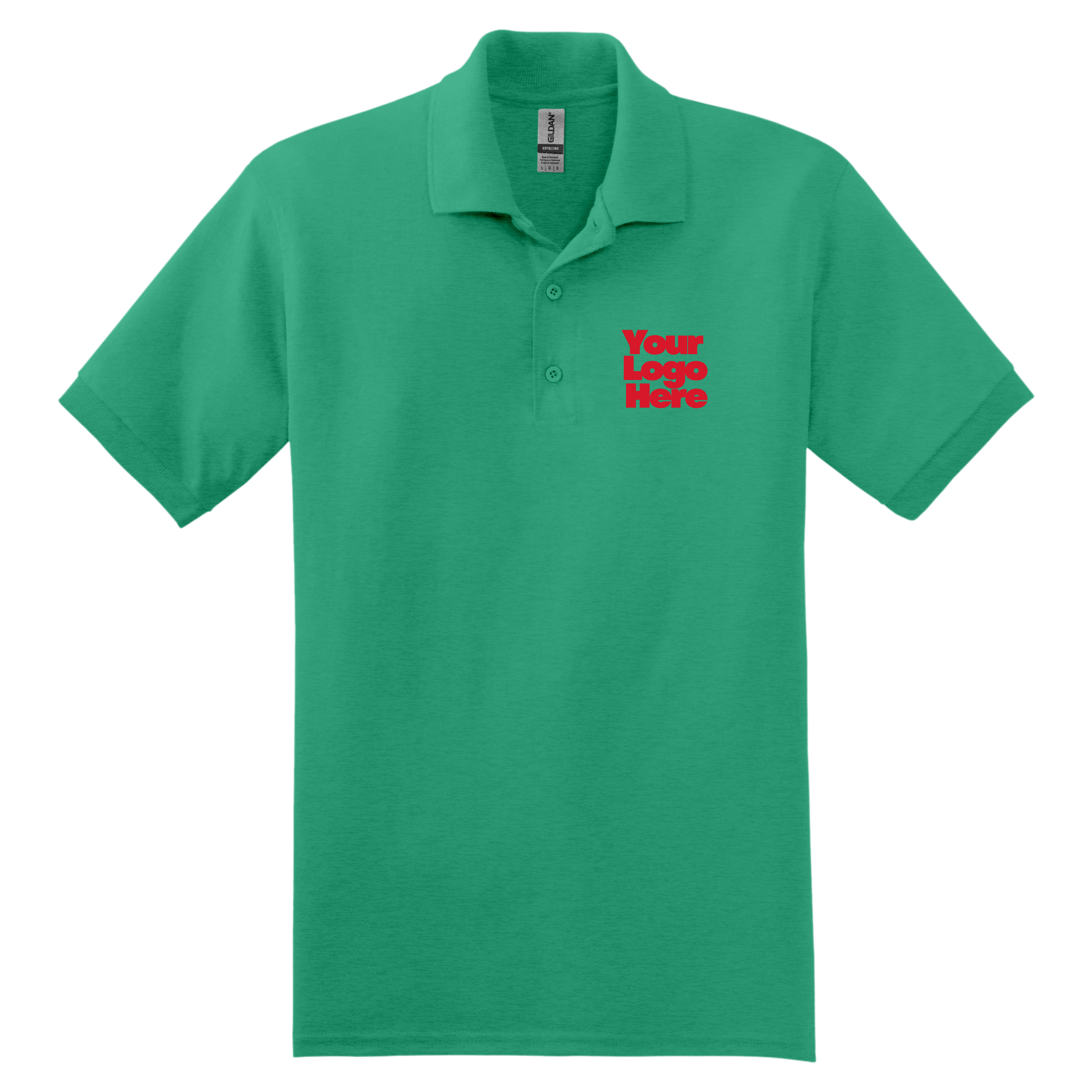 Green polo shirt with 'Your Logo Here' text on a white background