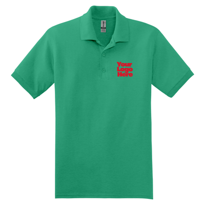 Green polo shirt with 'Your Logo Here' text on a white background
