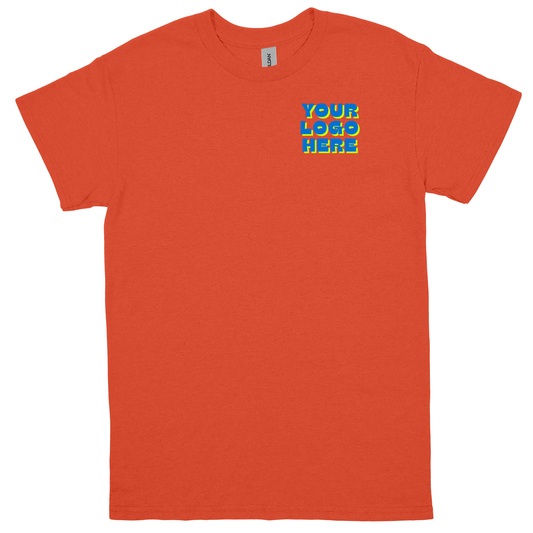 Orange t-shirt with 'Your Logo Here' text on a white background