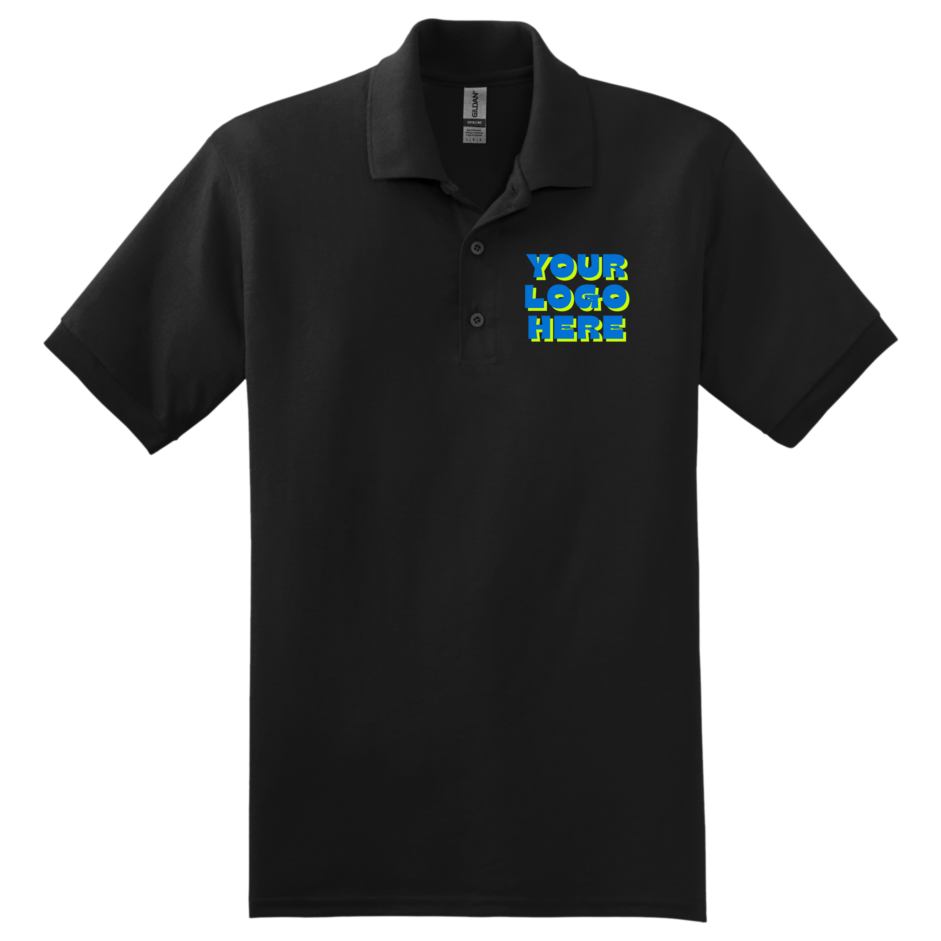 Black polo shirt with customizable logo area on a white background