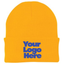 Yellow beanie with 'Your Logo Here' text in blue on a white background