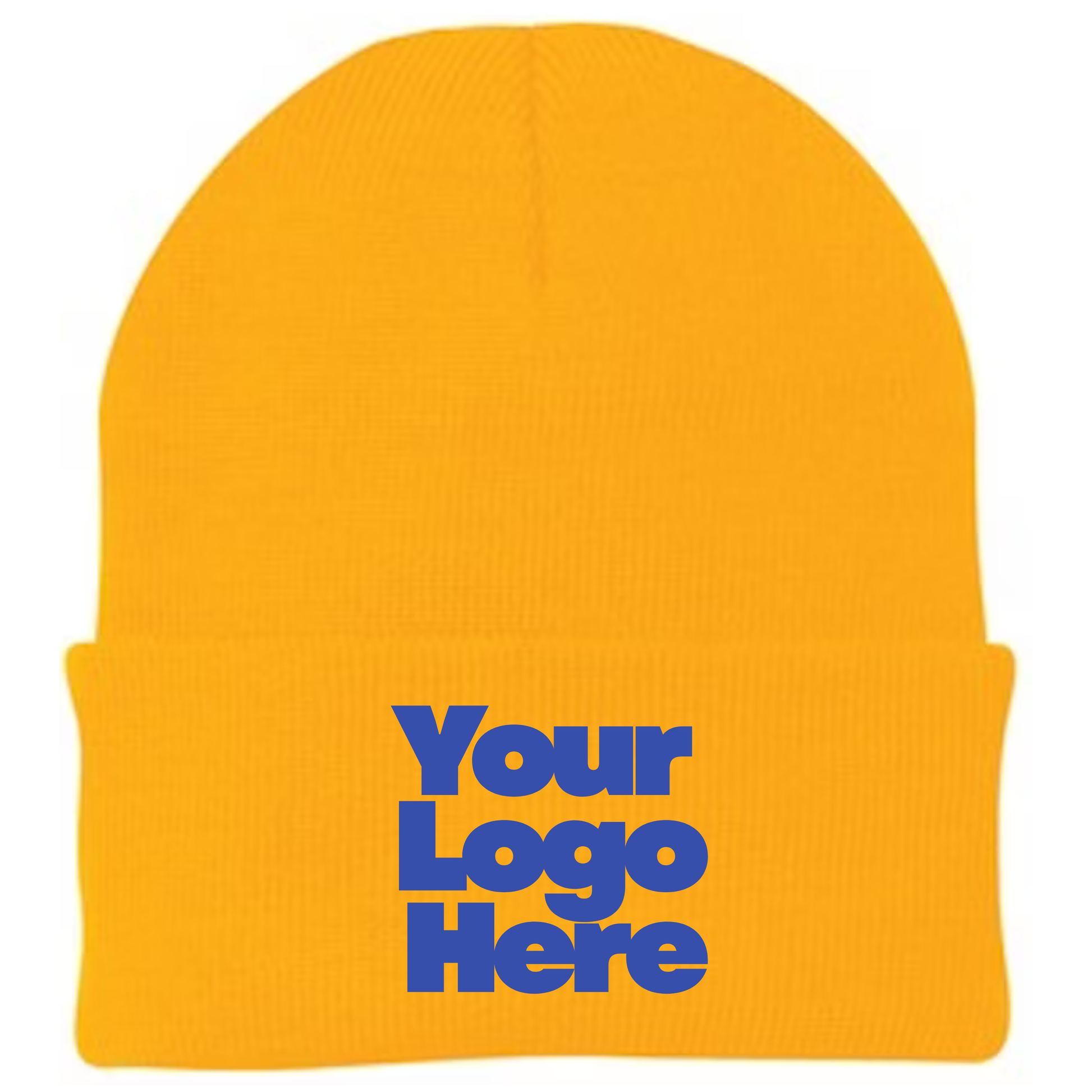 Yellow beanie with 'Your Logo Here' text in blue on a white background