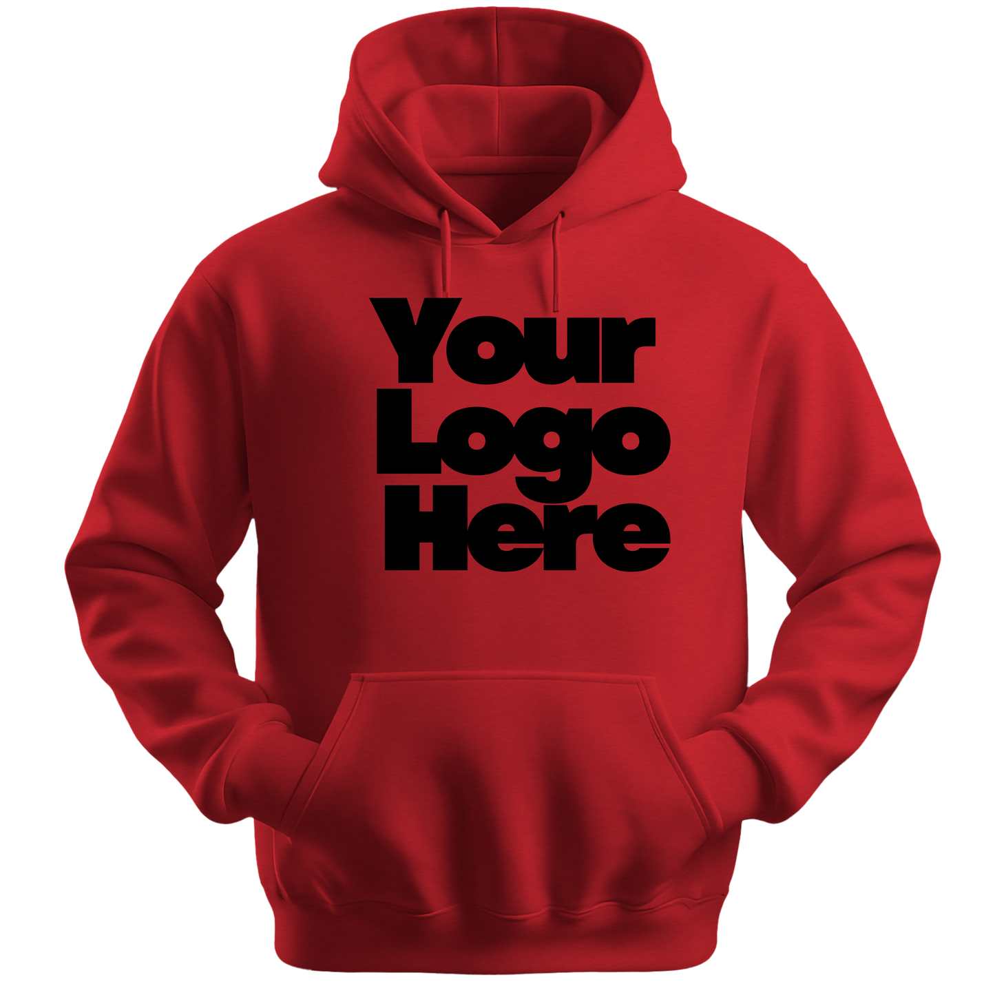 Red hoodie with 'Your Logo Here' text on a white background