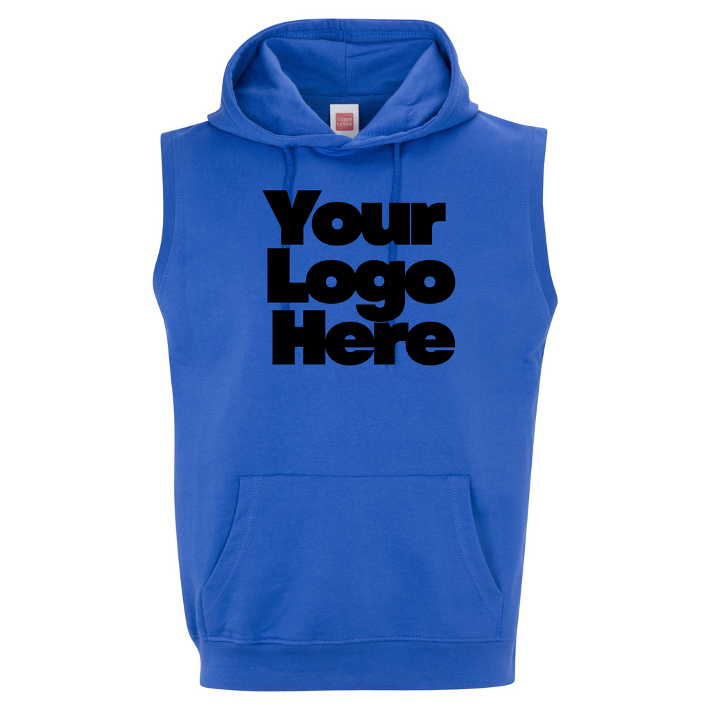 Blue sleeveless hoodie with 'Your Logo Here' text on a white background