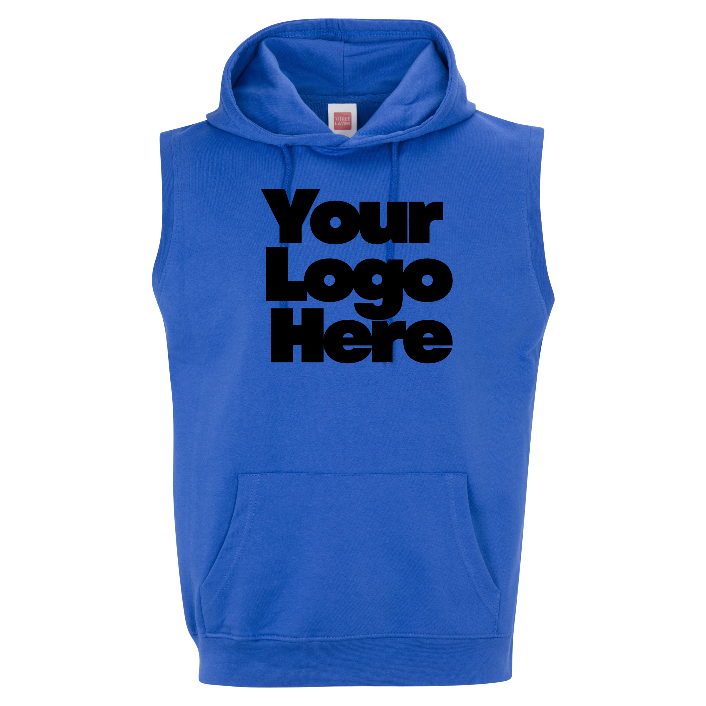 Blue sleeveless hoodie with 'Your Logo Here' text on a white background