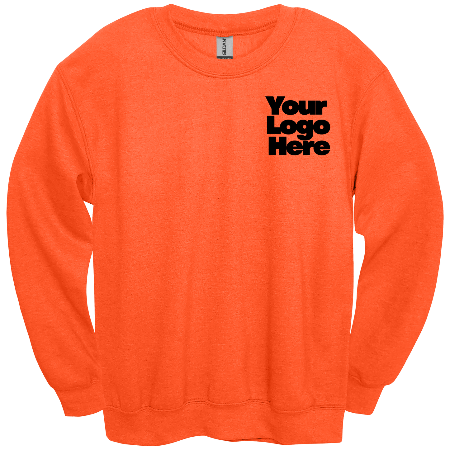 Orange sweatshirt with 'Your Logo Here' text on a white background
