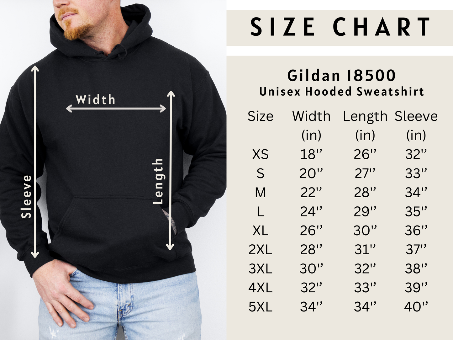 Size chart for Gildan 18500 Unisex Hooded Sweatshirt with a person wearing the hoodie.