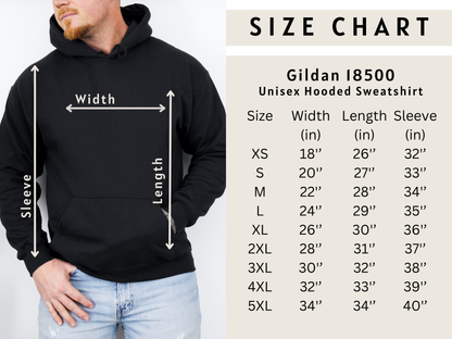 Size chart for Gildan 18500 Unisex Hooded Sweatshirt with a person wearing the hoodie.