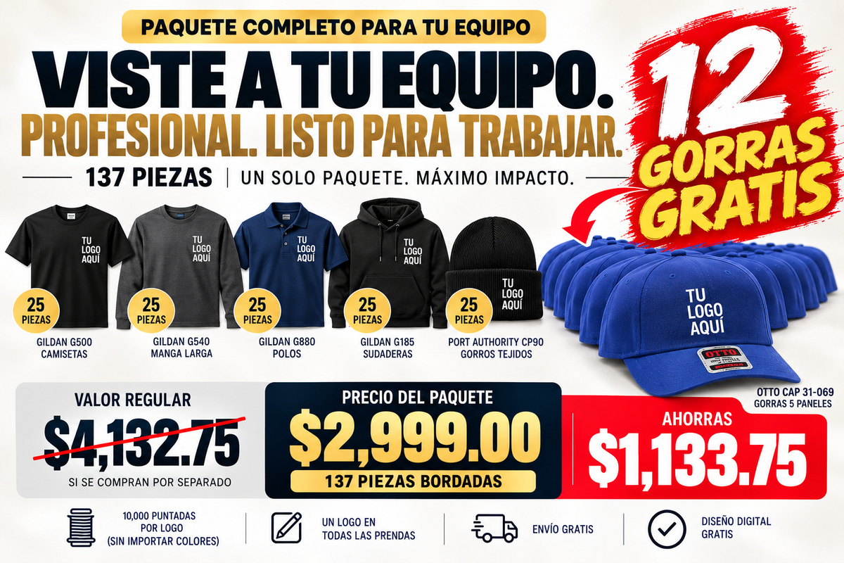 Paquete completo para equipos: 125 piezas bordadas + 12 gorras de béisbol GRATIS