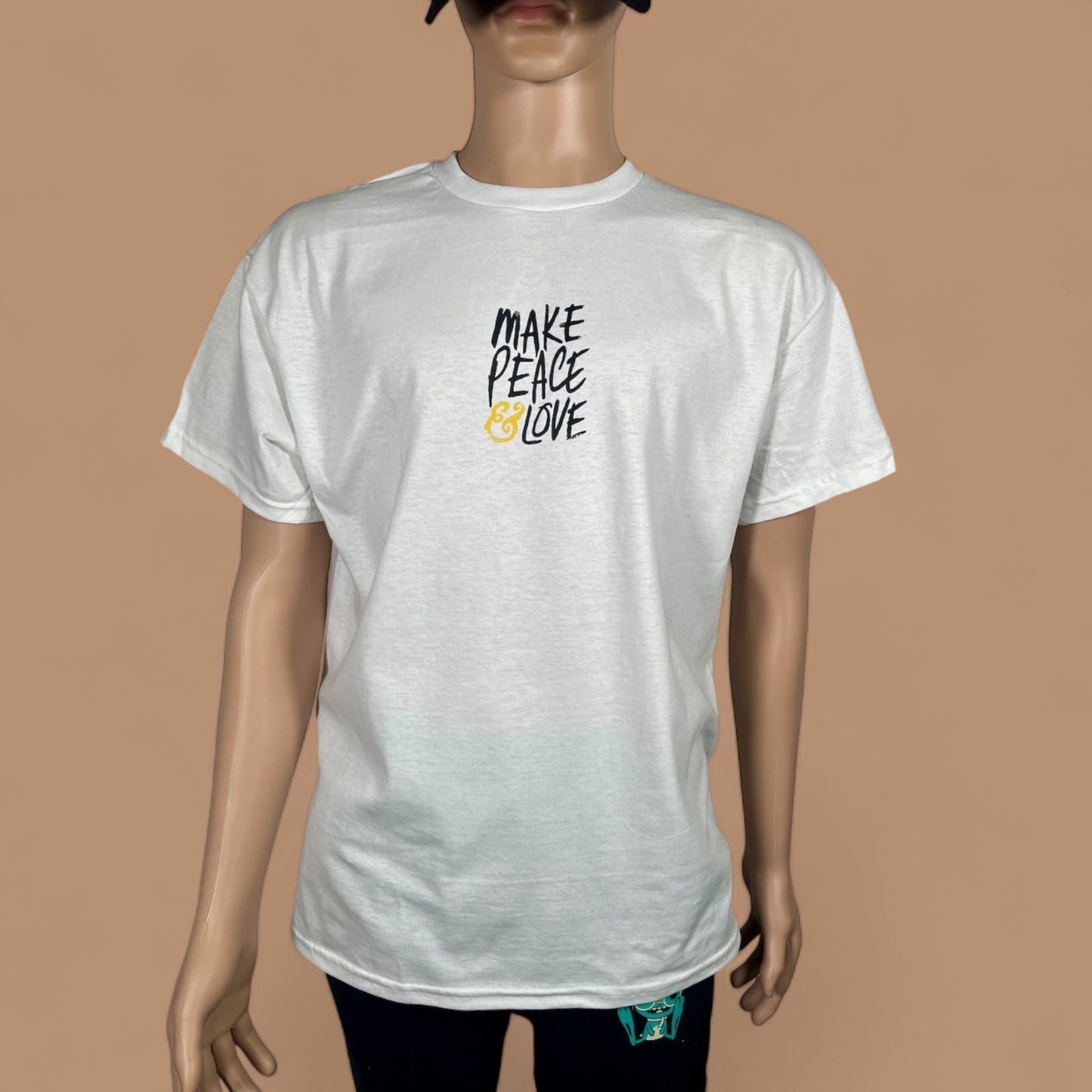 "Make Peace & Love T-Shirt in Small with Front Print, 100% Preshrunk Cotton, Unisex Design, Affordable Clothing, Comfortable and Durable Tee Promoting Peace & Love"