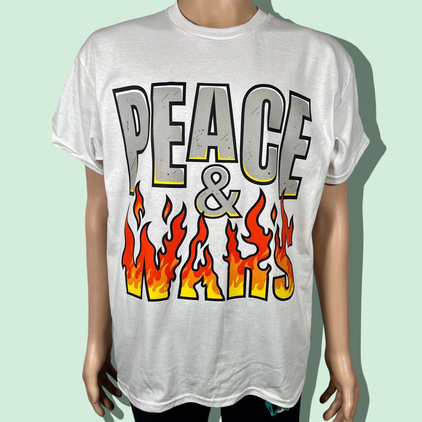 "PEACE & WARS OG Logo T-Shirt with oversized print on 100% preshrunk cotton, premium quality t-shirt displayed on a hanger"