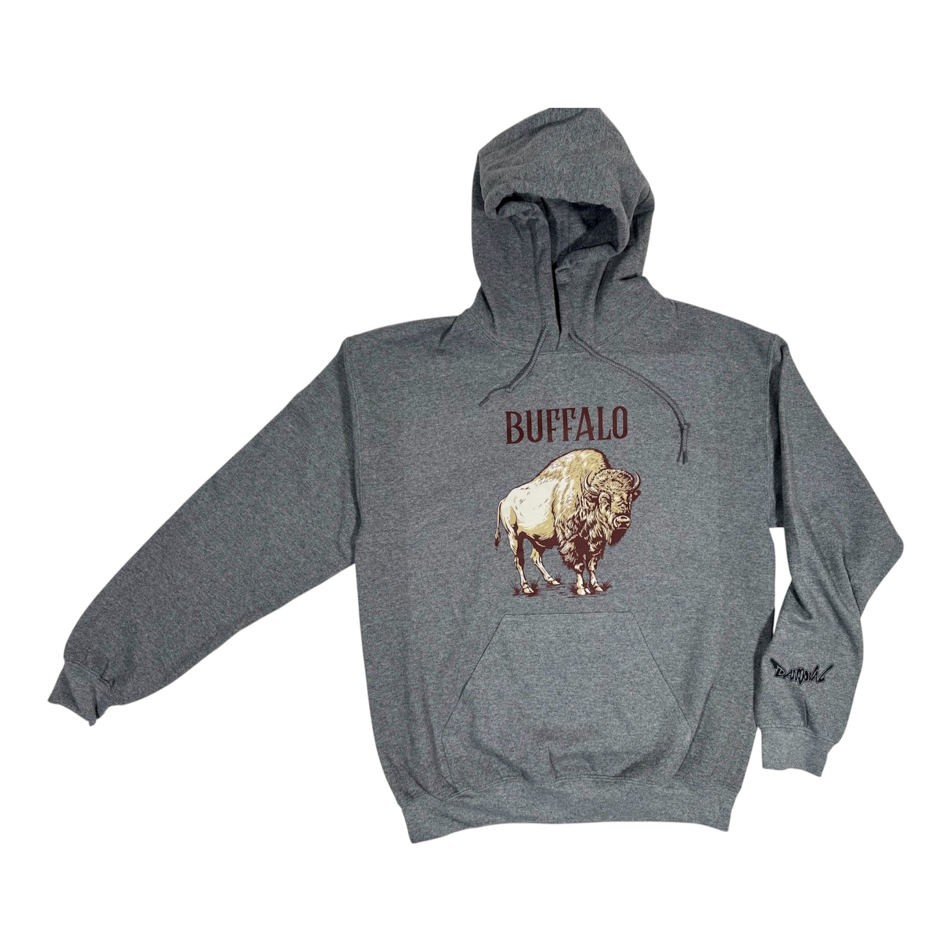 Gray hoodie with a buffalo graphic and 'Buffalo' text on a white background