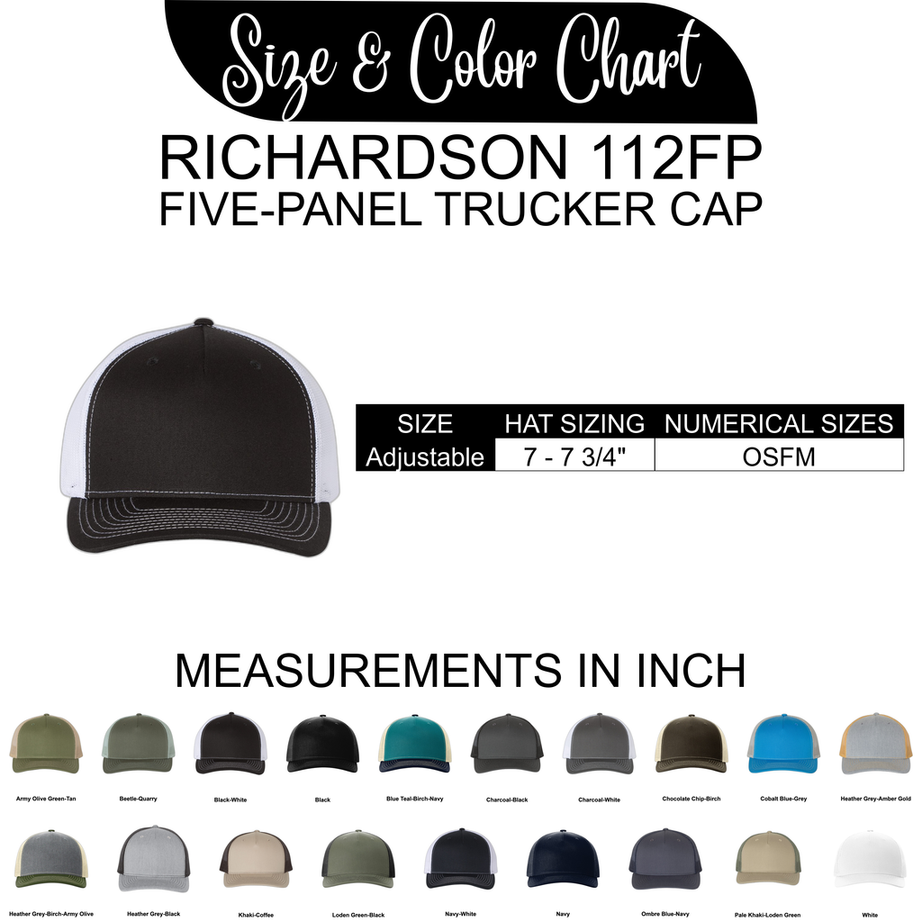 Size and color chart for Richardson 112FP five-panel trucker cap with various color options.