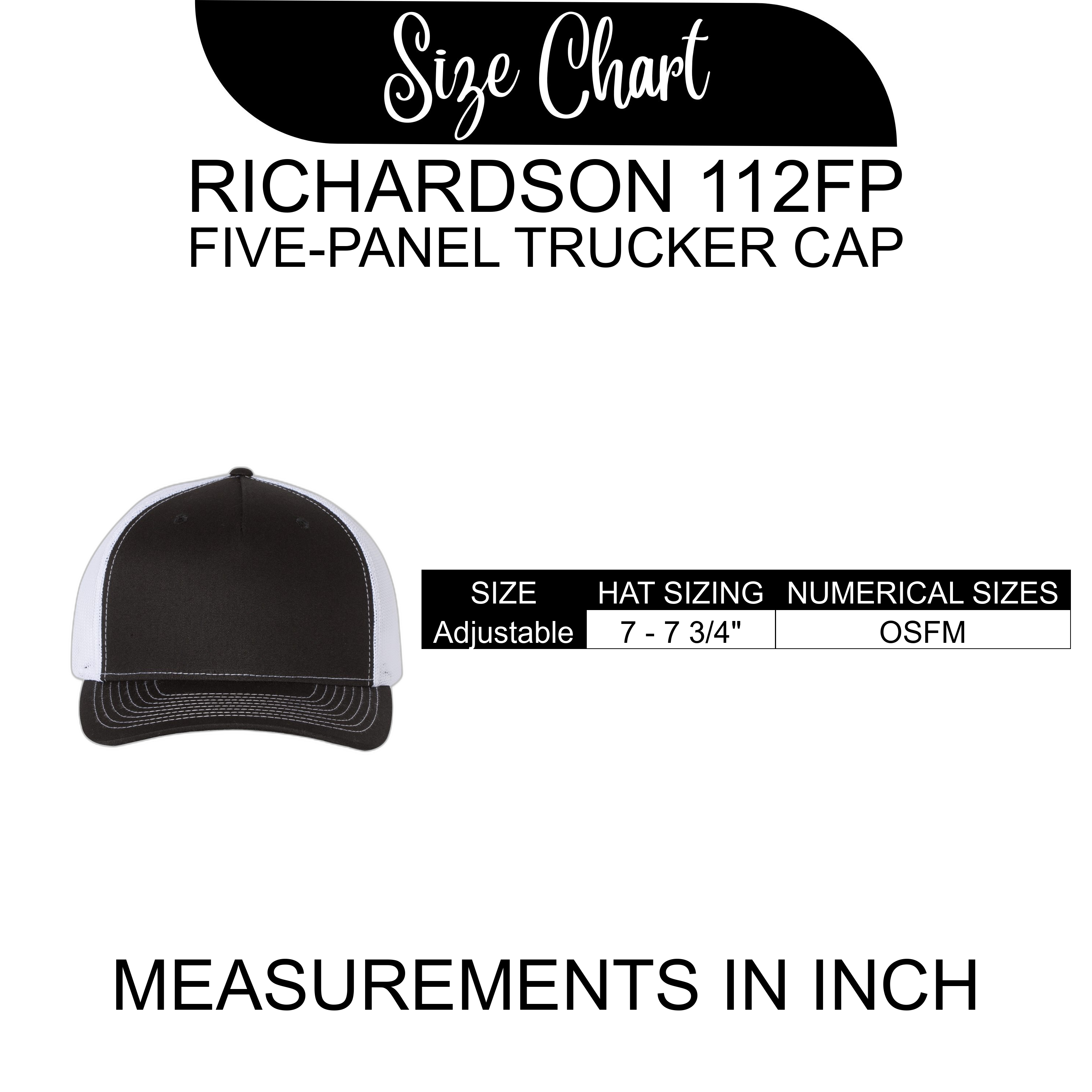 Size chart for Richardson 112FP five-panel trucker cap with a black and white cap illustration.